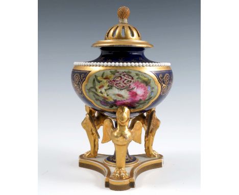 A Flight, Barr &amp; Barr Worcester covered pot pourri, the body decorated with three reserves of flowers to a blue and gilt 