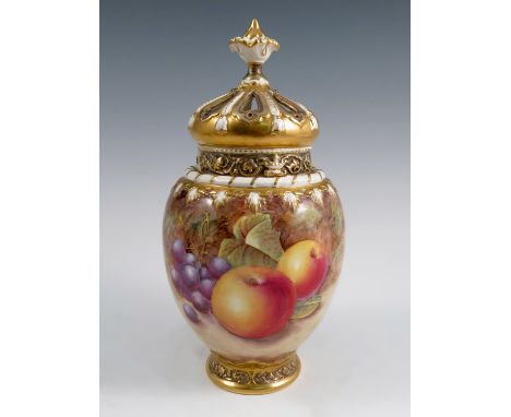 A Royal Worcester crown top pot pourri, with inner and outer cover, decorated all around with fruit to a mossy background by 