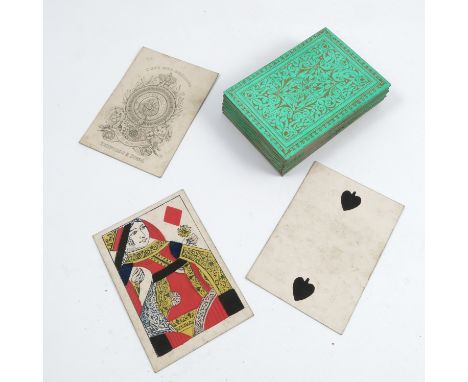 An Antique pack of Reynolds &amp; Sons playing cards, fifty two cards with green and gilt backsCondition Report:  Card dimens