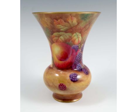 A Royal Worcester trumpet shaped vase, with bulbous lower body, decorated all around with hand painted fruit by Horace Price,