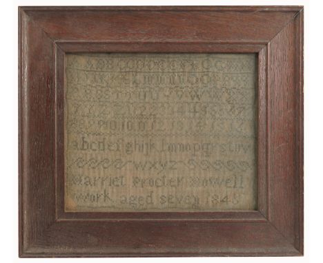 A 19th century tapestry sampler, with alphabet and numbers, by Harriet Procter Howell Work aged seven 1845, 6.75ins x 8.25ins