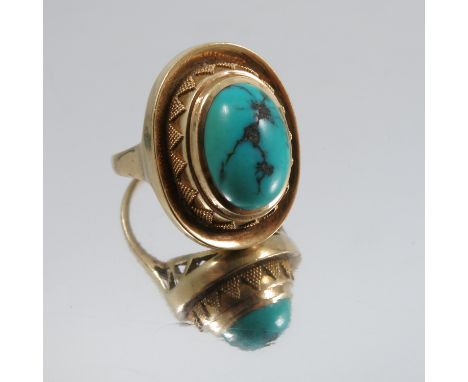 A turquoise matrix single stone ring, stamped '585', finger size P, 8g gross