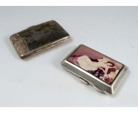 A silver and enamel cigarette case, of rectangular form, decorated with a reclining female nude, with engine turning, Birming