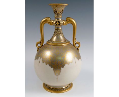 A Royal Worcester gilded ivory vase, decorated in the Persian style with a pair of gilt handles, impressed 113, height 11.25i