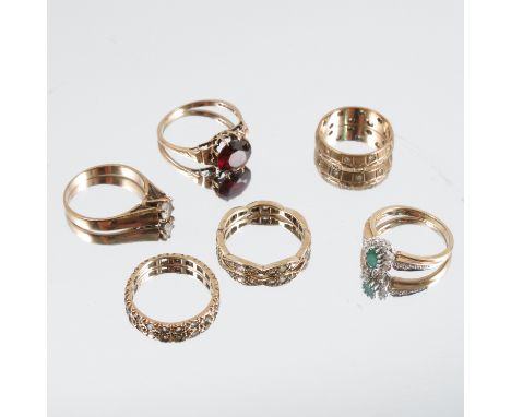 A diamond and emerald 9 carat gold cluster ring, finger size L, together with four other 9 carat stone set rings, and a synth