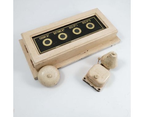 A Victorian painted wooden servants bell box, of rectangular form, with black and gold glass window marked Front Door, Sittin