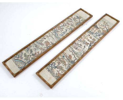 A pair of Oriental tapestry pictures, of figures, trees and flowers, 22ins x 32.5insCondition Report:  Some minor staining bu