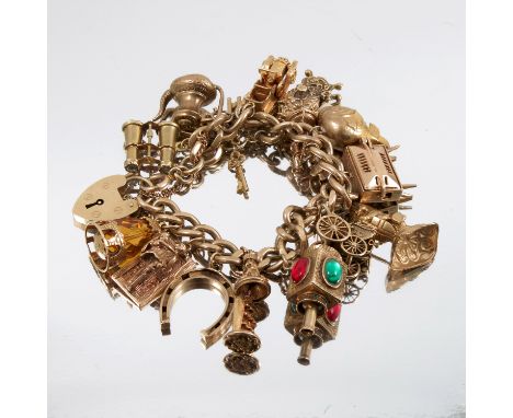A 9 carat gold bracelet, of solid curb inks, with thirteen charms attached, 103g gross, with a loose charm of a dachshund