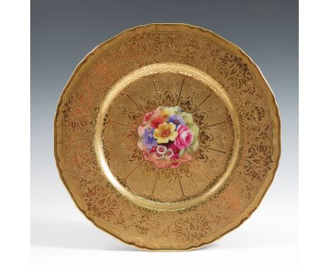 A Royal Worcester cabinet plate, the centre decorated with flowers by Freeman, to a deep acid etched border, retailed by Aspr