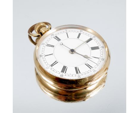 An open faced pocketwatch, with stopwatch action, the case stamped '18k', white enamel dial with black Roman numerals, gilt h