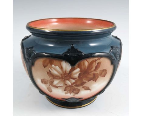 A Hadleys Worcester quarter lobed cache pot, decorated with sepia panels of flowers, height 4.25insCondition Report:  Conditi