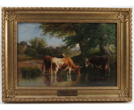 Charles Jones, oil on canvas, cattle watering with trees and buildings, bearing a paper label to the reverse giving sale deta