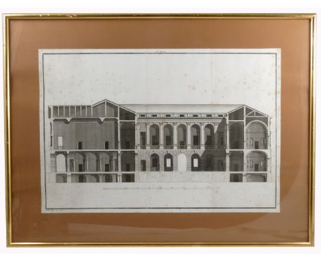 Two antique black and white architectural prints, one after David Rossi, cross sections of Italian style buildings, 15.75ins 