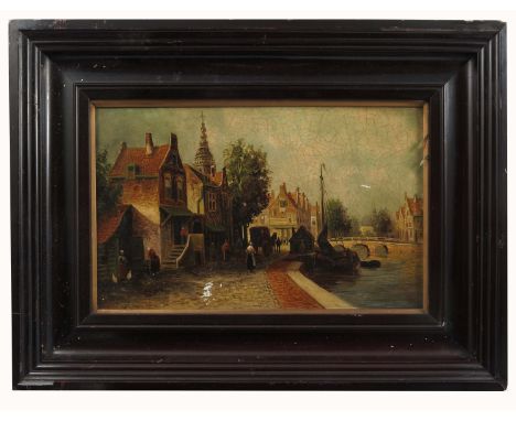 A continental oil on porcelain plaque, street scene with figures, buildings and canal, monogrammed, 9ins x 14.5insCondition R