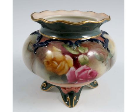 A Royal Worcester vase, decorated with roses on the Hadley's style, raised on four dolphin feet, H261, dated 1910, height 3in