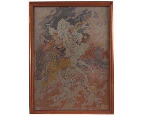 Jules Cheret, a pair of Belle Epoque framed tapestry panels depicting revelling figures, both signed, circa 1900, probably by