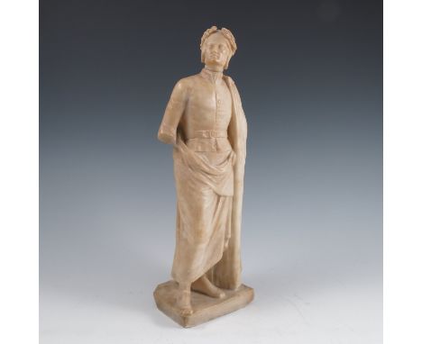 A carved alabaster model, of a man, wearing a cloak, with laurel wreath on his head, on square base, height 15ins, on an ebon