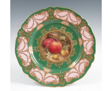A Royal Worcester plate, decorated with a central fruit panel of two plums, gooseberries and flower by Richard Sebright, to a
