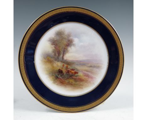 A Royal Worcester plate, decorated with English cattle in landscape by H Stinton,&nbsp; dated 1921, af, diameter 9.25insCondi