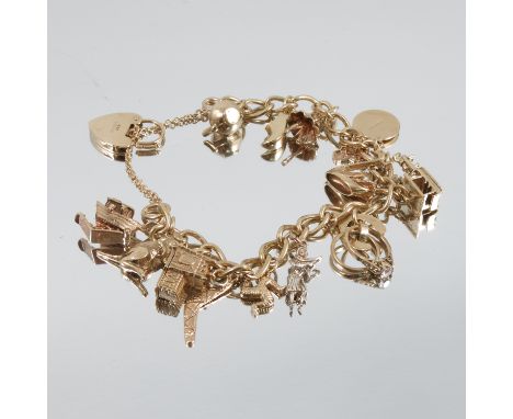 A 9 carat gold bracelet, of solid curb links, with fifteen charms attached, 39g gross, together with a three penny coin brace