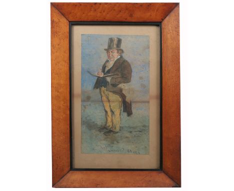 A 19th century watercolour, full length portrait of a man writing in a book, indistinctly signed possibly J Jumerrs RA, dated