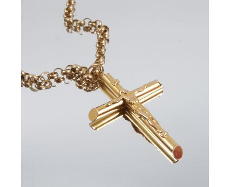 A 9 carat gold crucifix pendant, on a 9 carat gold round belcher link chain, 19g grossCondition Report:  There is a small den