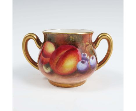 A Royal Worcester two handled miniature sugar box, decorated all around with fruit, possibly by Roberts, circa. 1957, height 