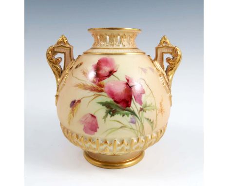 A Royal Worcester blush ivory two handled vase, decorated with poppies and insects, with pierced neck, shaped number 1995, da