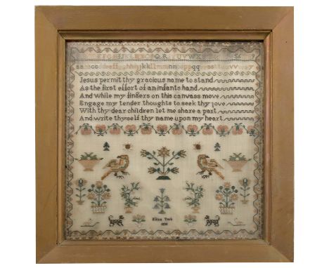 A 19th century tapestry sampler, with alphabet, verse animals, birds and flowers, by Eliza York 1835, with text verso, 13.75i