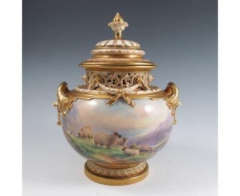 A Royal Worcester covered bow piece, decorated with sheep in landscape by Harry Davis, shape number 1428, dated 1932, height 