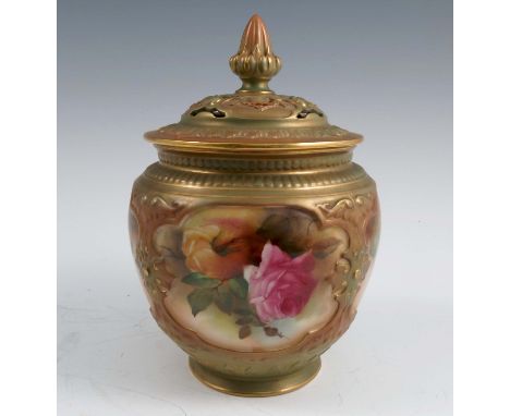 A Royal Worcester Hadleys covered vase, decorated with panels of flowers, shape number H171, dated circa 1908, height 7insCon