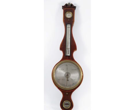 C Aiano, a 19th century mahogany banjo barometer, with satinwood inlay and broken pediment, the silvered dials with engraved 