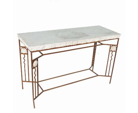 An Art Deco style console table, with stone effect rectangular top, raised on a metal base, width 48ins, depth 18ins, height 