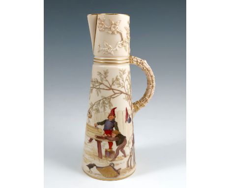 A rare Royal Worcester claret jug, decorated with elf carpenters in a garden landscape, shape number 1047, circa 1886, height