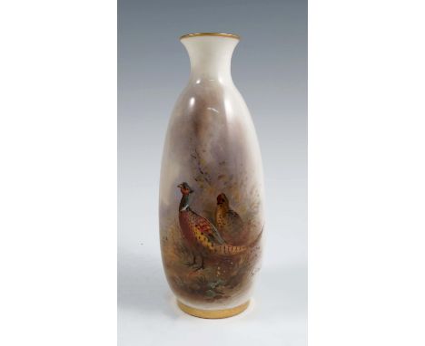 A Royal Worcester bottle vase, hand painted with a cock and hen pheasant by James Stinton, shape number 2491, dated 1918, hei
