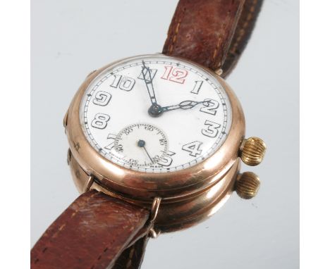 A 9 carat gold mechanical wristwatch, the circular white enamel dial with Arabic numerals, the three piece hinged case, Chest