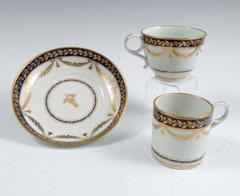 A Barr Worcester coffee can, tea cup and saucer, decorated in blue and gilt, scratch B mark on each pieceCondition Report:  C