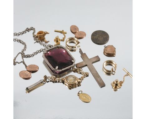 A pair of 9 carat gold cufflinks, 4g gross, together with a lady's 9 carat gold Avia wristwatch on a metal bracelet, a large 