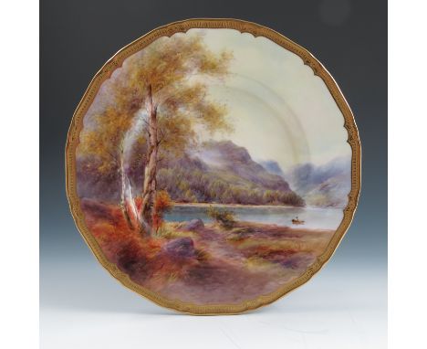 A Royal Worcester plate, fully decorated with a figure in a boat in a highland landscape with trees, by Harry Davis, circa. 1