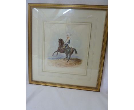 A late 19th century gouache study by Richard Simkin of a soldier from the 17th (Duke of Cambridge's Own) Lancers on a rearing