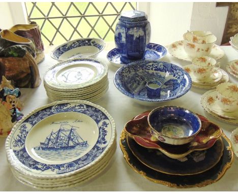 A collection of blue and white printed ceramics including a Maling ware hexagonal tea caddy and cover produced for Ringtons L
