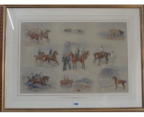 A late 19th century sheet of watercolour vignettes of the 17th Lancers Regiment, on parade, engaged in shooting practice, cha