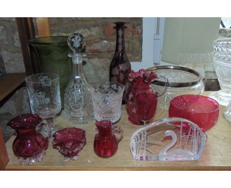 A mixed selection of glassware to include a single good quality Victorian ruby glass bottle with flared bevelled rim, decorat