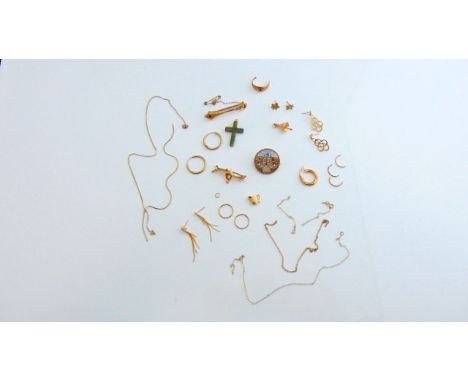 A micro mosaic brooch, of circular form, depicting an architectural scene, in gilt metal; a 9ct rose gold wishbone brooch, 1.
