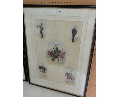 A late 19th century sheet of watercolour and bodycolour vignettes by Richard Simkin showing the 17th Lancers, a bugler, a dru