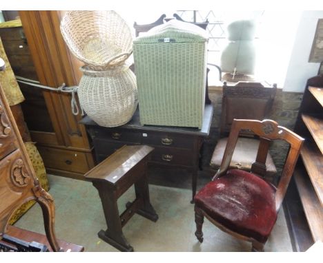 A vintage Lloyd Loom domed top laundry basket of rectangular form, two further baskets, two late Victorian dining chairs of v