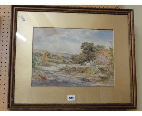 An early 20th century watercolour of a river scene with horse and cart beside a water mill, signed bottom left R Gallon, insc
