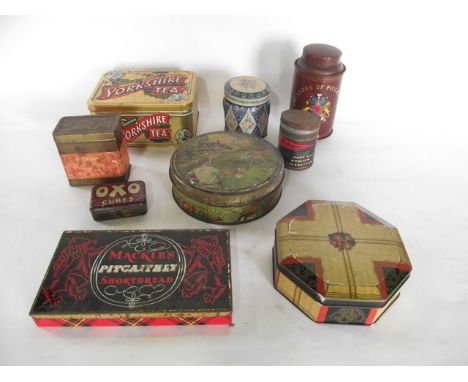A box containing a selection of vintage printed tins to include examples for Oxo cubes, Navy Cut cigarettes, Yorkshire Tea, M