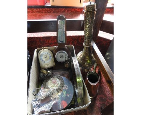 A miscellaneous collection to include a pewter ewer with brass and lattice work handle, a silver plated tray, bon bon dish, b