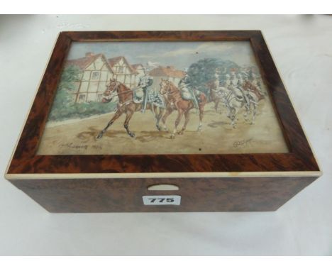 A burr wood two sectional box with rising lid, the top inset with a watercolour by R Wymer showing a procession of 17th Lance